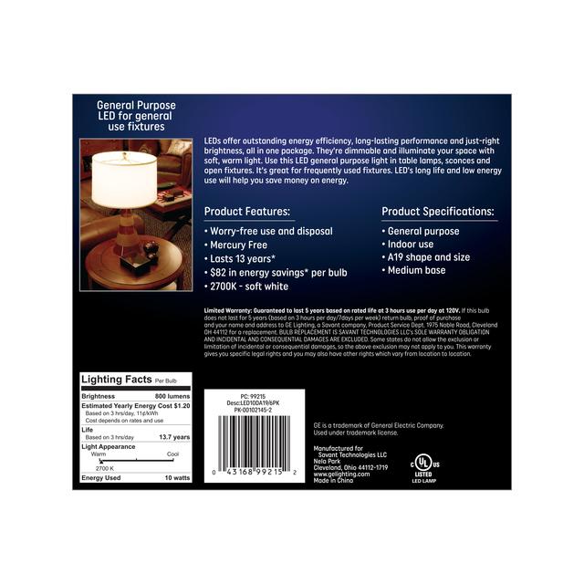 Back package of GE Soft White LED 60W Replacement General Purpose A19 Light Bulbs (6-Pack)