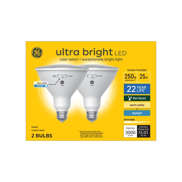 GE Ultra Bright LED 250 Watt Replacement, Daylight, PAR38 Outdoor Floodlight Bulbs (2 Pack)