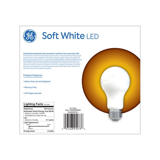 GE Basic LED 60 Watt Replacement, Soft White, A19 General Purpose Bulbs (6 Pack)