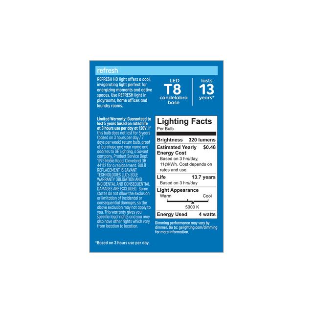 Back package of GE Refresh HD Daylight 40W Replacement LED T8 Decorative Light Bulbs (3-Pack)
