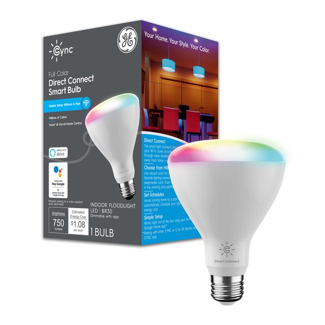 Emballage avant de GE CYNC Direct Connect Flood Light Bulb, Full Color, BR30 LED Smart Indoor Flood Light Bulb avec contrôle sans fil, 65 W Replacement, Alexa et Google Home Compatible, Aucun hub requis, 1-Pack (l’emballage peut varier)