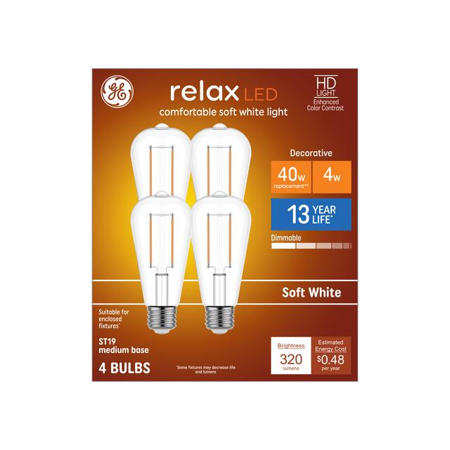 GE Relax HD LED 40 Watt Replacement, Soft White, ST19 Edison Bulbs (4 Pack)