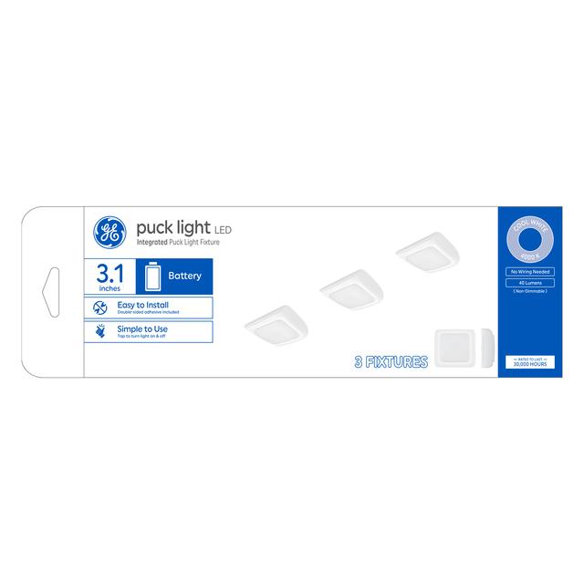 GE Battery-Powered Puck Lights LED 3.1in Cool White Fixtures (3-Pack)
