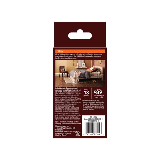 GE Relax HD LED 60 Watt Replacement, Soft White, B11 Deco - Candle Bulbs (2 Pack)