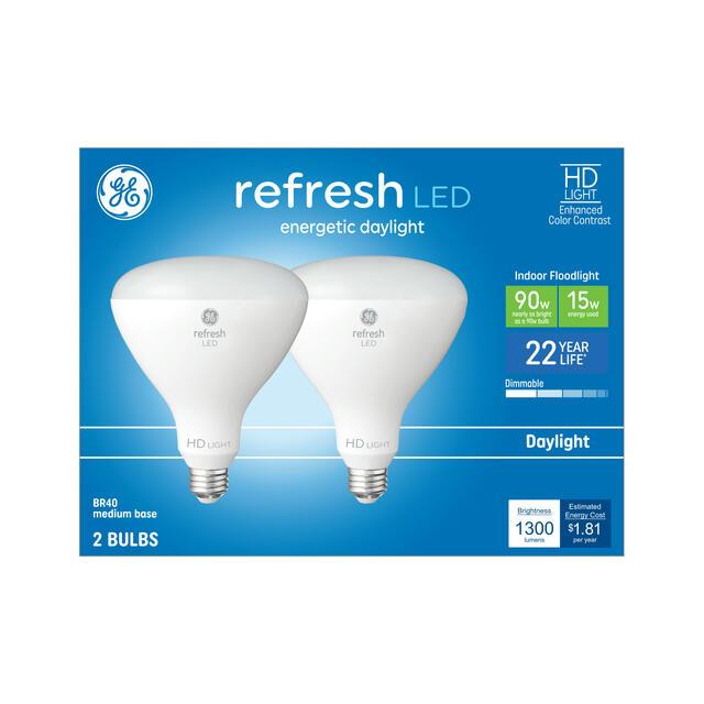 GE Refresh HD LED 90 Watt Replacement, Daylight, BR40 Indoor Floodlight Bulbs (2 Pack)