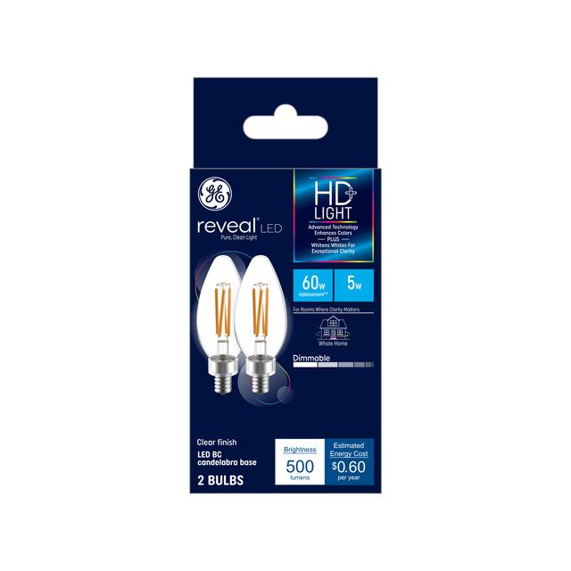 GE Reveal HD+ LED 60 Watt Replacement, Reveal, B11 Deco - Candle Bulbs (2 Pack)