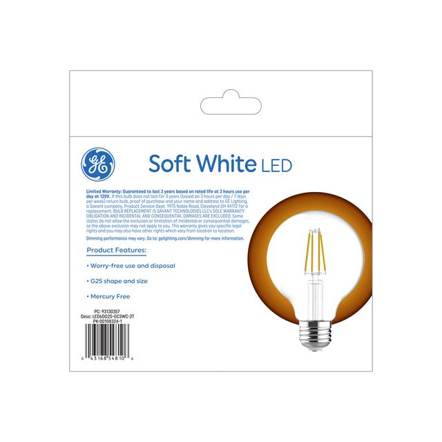 GE Basic LED 60 Watt Replacement, Soft White, G25 Vanity - Globe Bulbs (2 Pack)