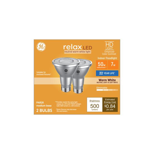 GE Relax HD LED 50 Watt Replacement, Warm White, PAR20 Indoor Floodlight Bulbs (2 Pack)