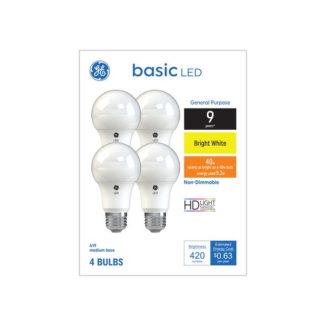 GE Basic LED 40 Watt Replacement, Bright White, A19 General Purpose Bulbs (4 Pack)