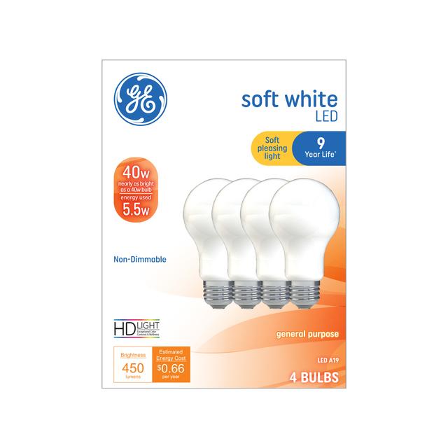 GE Basic LED 40 Watt Replacement, Soft White, A19 General Purpose Bulbs (4 Pack)