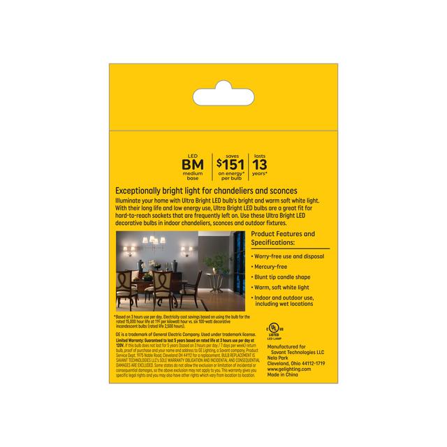 GE Ultra Bright LED 100 Watt Replacement, Soft White, B12 Deco - Candle Bulbs (3 Pack)