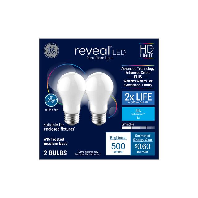 GE Reveal HD+ LED 60 Watt Replacement, Reveal, A15 Ceiling Fan Bulbs (2 Pack)