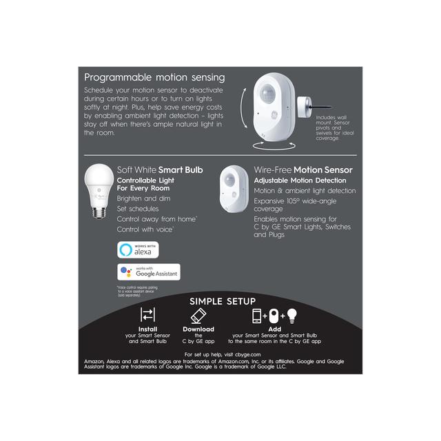 Back package of GE C by GE Starter Kit Battery-Powered Motion Sensor 60-Watt EQ A19 Soft White Smart LED Light Bulb (2-Pack) (Packaging May Vary)