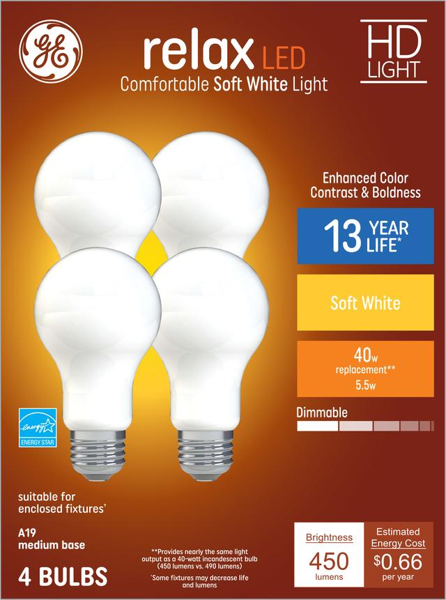 Front package of GE Relax HD Soft White 40W Replacement LED Light Bulbs General Purpose A19