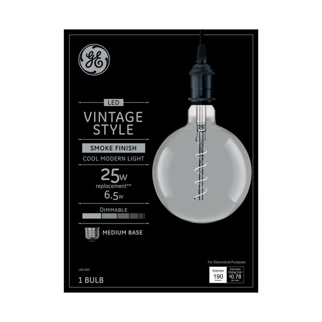 Front package of GE Vintage Cool Daylight 25W Replacement LED Smoke Finish Spiral Filament Decorative Medium Base G63 Light Bulb (1-Pack)
