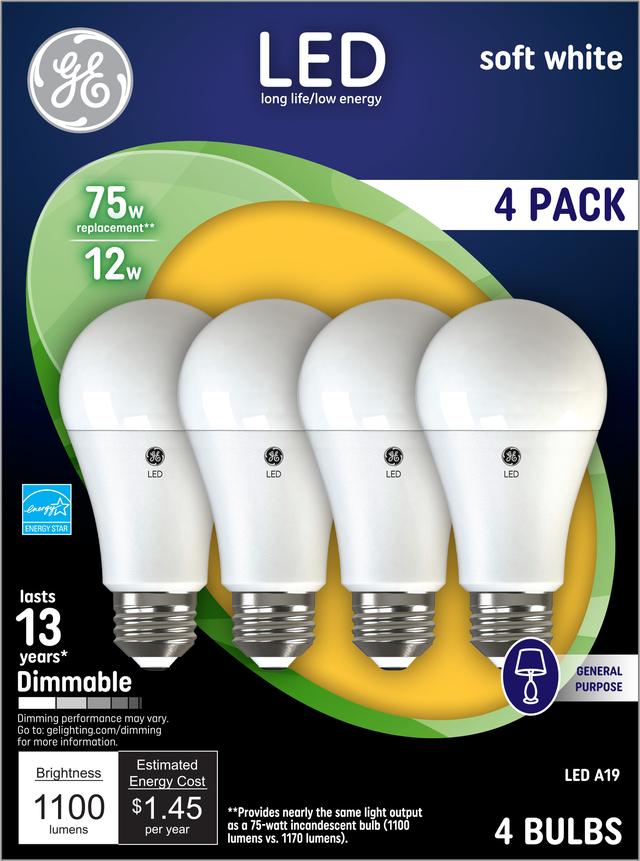 Front package of GE Soft White 75W Replacement LED Indoor General Purpose A19 Light Bulbs (4-Pack)