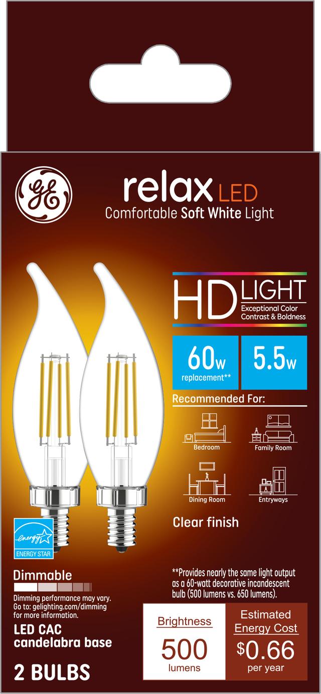 Emballage avant de GE Relax HD Soft 60 White W Ampoules LED de remplacement Base de candélabre CAC (2-Pack) décorative à pointe courbée transparente