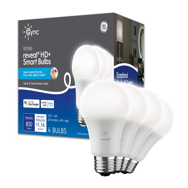 Paquet avant reveal® d’ampoules intelligentes blanches Cync ( 4 A19 ampoules LED), 60 W remplacement, Bluetooth / Wifi activé, fonctionne avec Alexa, Google Assistant sans hub