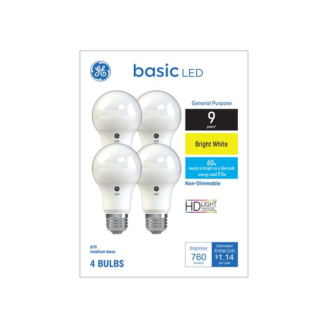 GE Basic LED 60 Watt Replacement, Bright White, A19 General Purpose Bulbs (4 Pack)