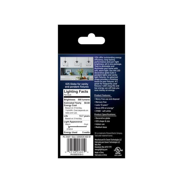 Back package of GE Soft White LED 40W Replacement Clear Decorative Globe G25 Light Bulb (1-Pack)