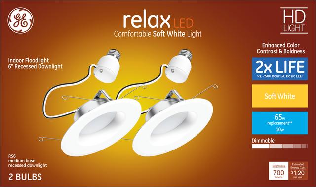 Emballage avant de GE Relax HD Soft 65 White W Replacement LED Light Bulb Indoor Downlight Projecteur RS6 