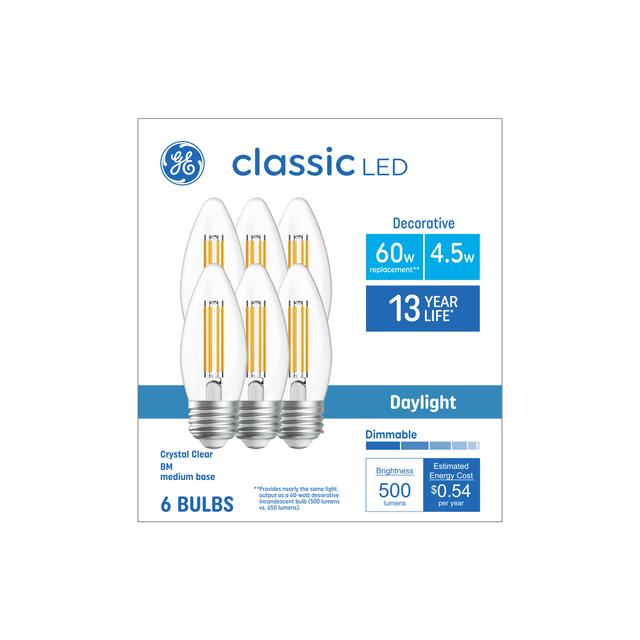 GE Classic LED 60 Watt Replacement, Daylight, B11 Deco - Candle Bulbs (6 Pack)