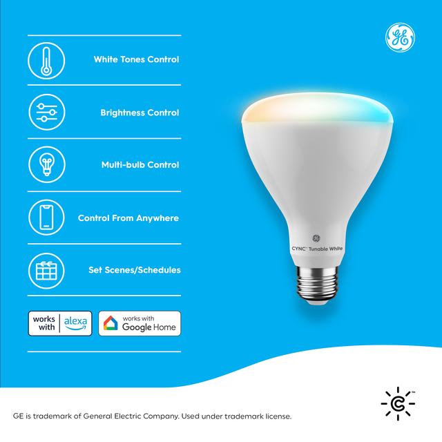 Back package of GE CYNC Direct Connect Flood Light Bulb, Tunable White, BR30 LED Smart  Indoor Flood Light Bulb with Wireless Control, 65W Replacement, Alexa and Google Home Compatible, No Hub Required, 1-Pack (Packaging May Vary)