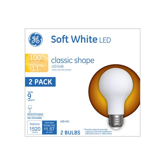 Emballage avant de GE Soft 100 White W Replacement LED Light Bulbs General Purpose A21 