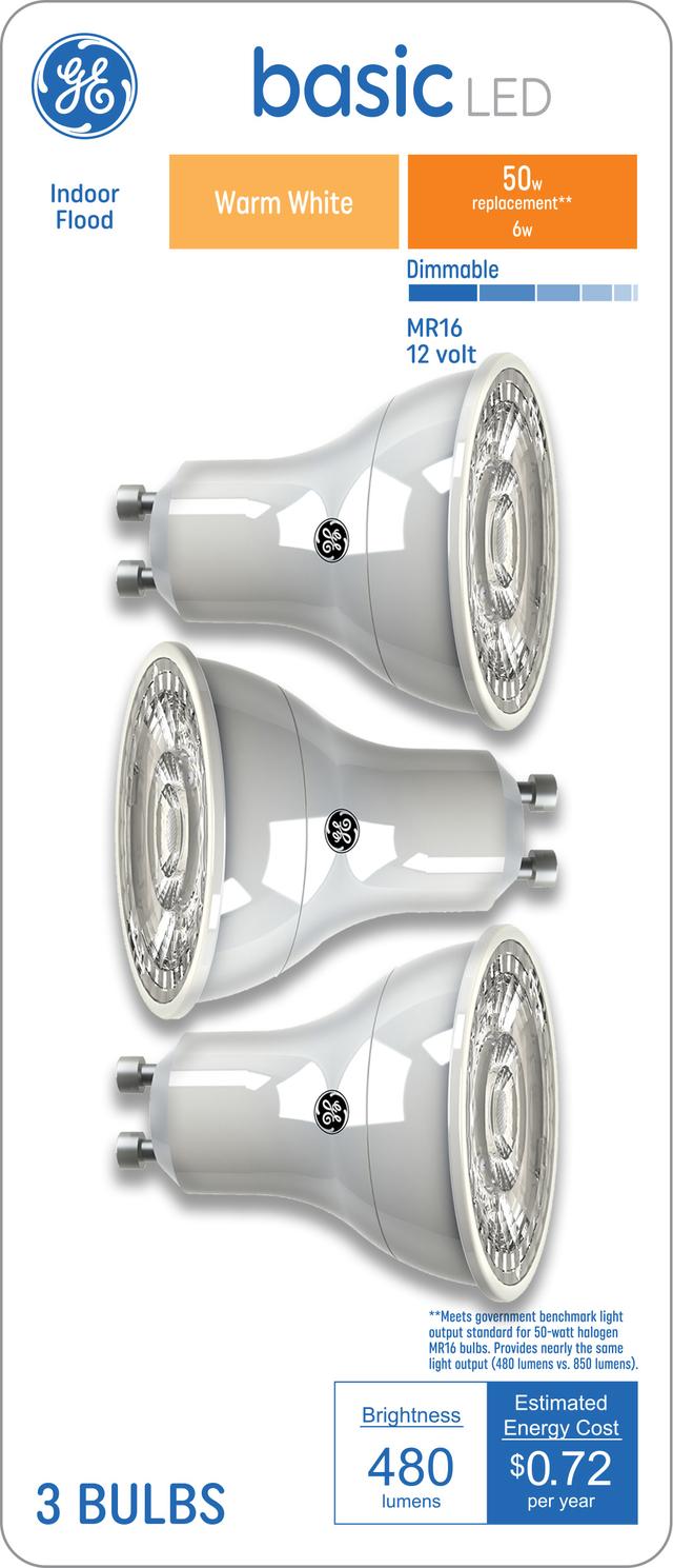 GE Basic LED 50 Watt Replacement, Warm White, MR16 Indoor Floodlight Bulbs (3 Pack)