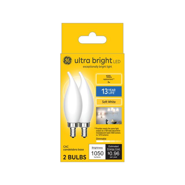 GE Ultra Bright LED 100 Watt Replacement, Soft White, CA12 Deco - Candle Bulbs (2 Pack)