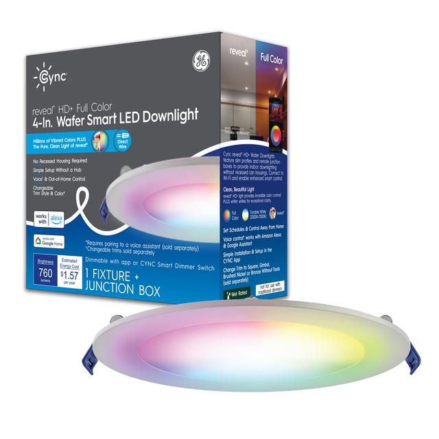 Front package of GE CYNC Smart LED Downlight Fixture, Smart Wafer Light, reveal + Full Color, 4 Inches, Bluetooth and Wi-Fi Enabled, Works With Alexa and Google Assistant, No Hub Required (1-Pack)