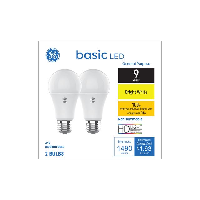 GE Basic LED 100 Watt Replacement, Bright White, A19 General Purpose Bulbs (2 Pack)