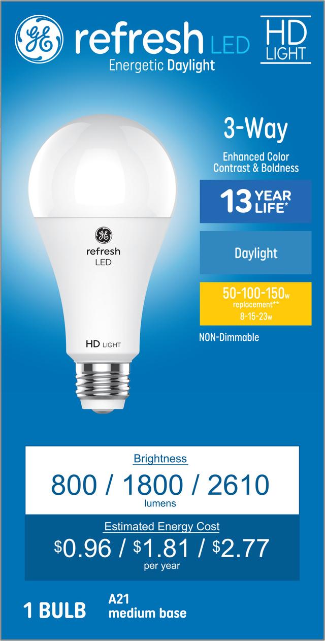GE Refresh HD LED 150/100/50 Watt Replacement, Daylight, A21 3-Way Bulb (1 Pack)
