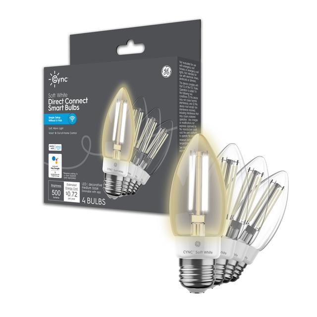 Front package of Cync Soft White Direct Connect Smart Bulbs (4 LED Decorative Medium Base Bulbs), 60W Replacement, Bluetooth/Wifi Enabled, Works With Alexa, Google Assistant Without Hub