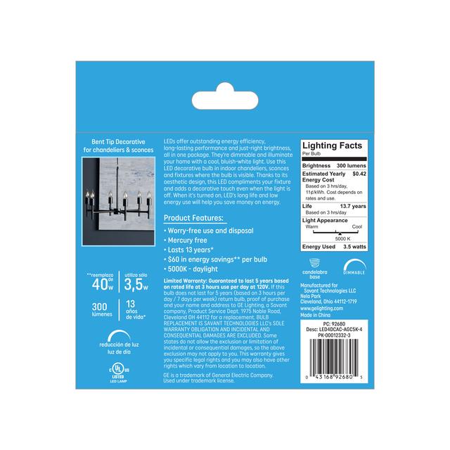 Back package of GE 40W Replacement Daylight Dimmable LED Light Bulb Decorative CA (4-Pack)