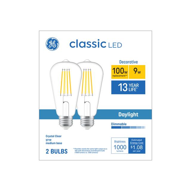 GE Classic LED 100 Watt Replacement, Daylight, ST19 Edison Bulbs (2 Pack)