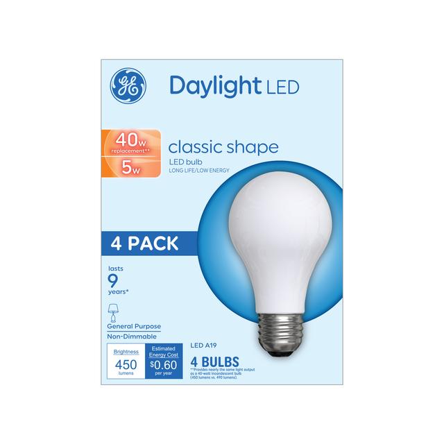 GE Basic LED 40 Watt Replacement, Daylight, A19 General Purpose Bulbs (4 Pack)