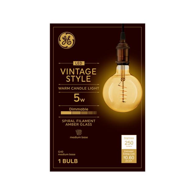 GE Vintage Style G40 LED Light Bulb, Large Globe Light, Amber