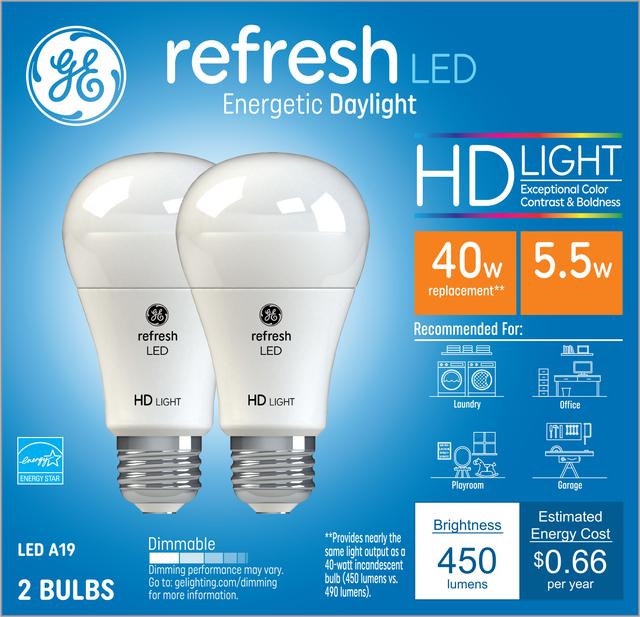 Front package of GE Daylight 40W Replacement LED General Purpose A19 Light Bulbs (2-Pack)