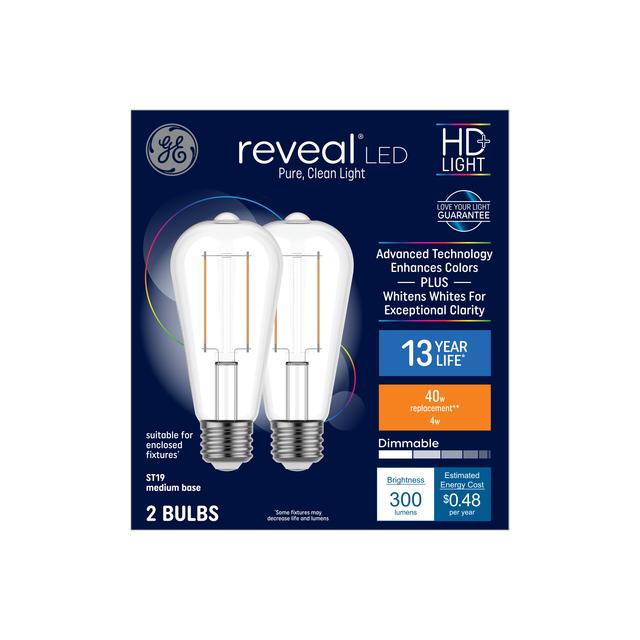 GE Reveal HD+ LED 40 Watt Replacement, Reveal, ST19 Edison Bulbs (2 Pack)