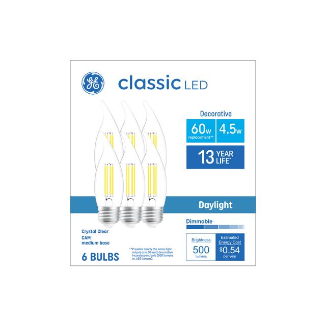 GE Classic LED 60 Watt Replacement, Daylight, CA11 Deco - Candle Bulbs (6 Pack)