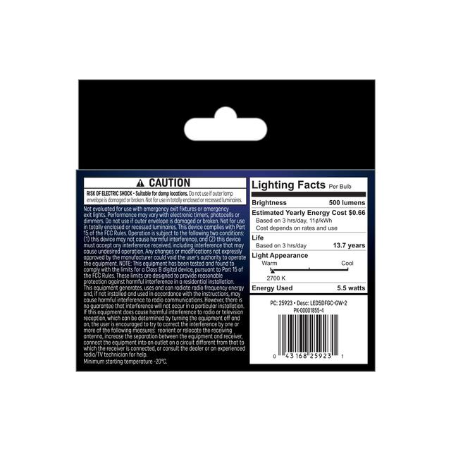 GE Classic LED 60 Watt Replacement, Soft White, G16.5 Vanity - Globe Bulbs (2 Pack)