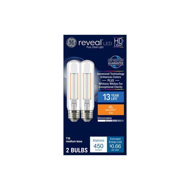 GE Reveal HD+ LED 40 Watt Replacement, Reveal, T10 Deco - Tubular Bulbs (2 Pack)