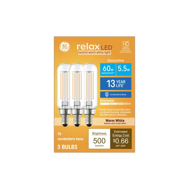 GE Relax HD LED 60 Watt Replacement, Warm White, T8 Deco - Tubular Bulbs (3 Pack)