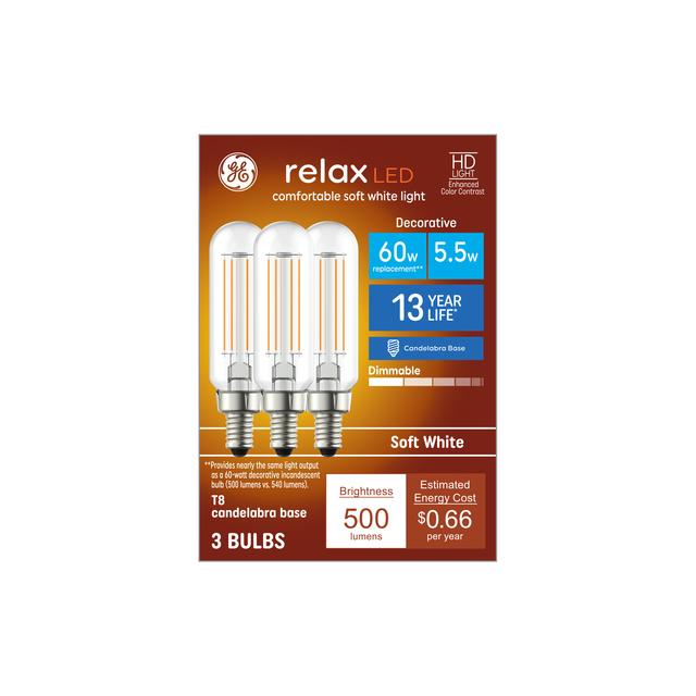 GE Relax HD LED 60 Watt Replacement, Soft White, T8 Deco - Tubular Bulbs (3 Pack)