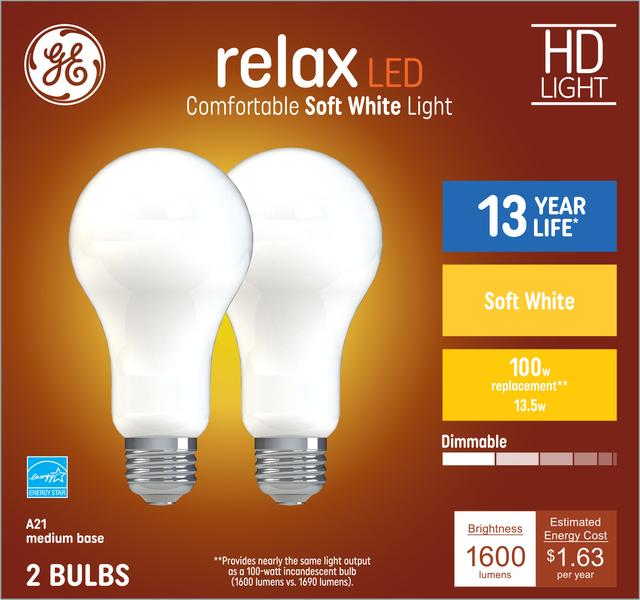 GE Relax HD LED 100 Watt Replacement, Soft White, A21 General Purpose Bulbs (2 Pack)
