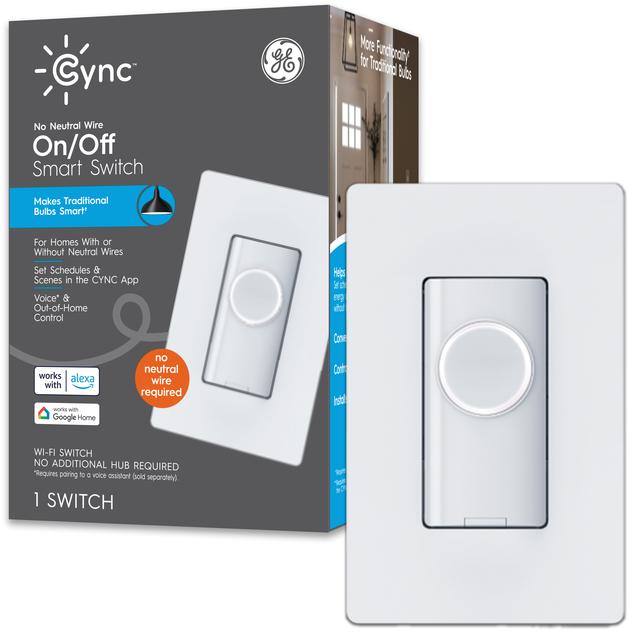 GE CYNC Smart Light Switch On/Off Button Style, No Neutral Wire Required,  Bluetooth and 2.4 GHz Wi-Fi 3-Wire Switch, Works with Alexa and Google Home,  White (1 Pack)