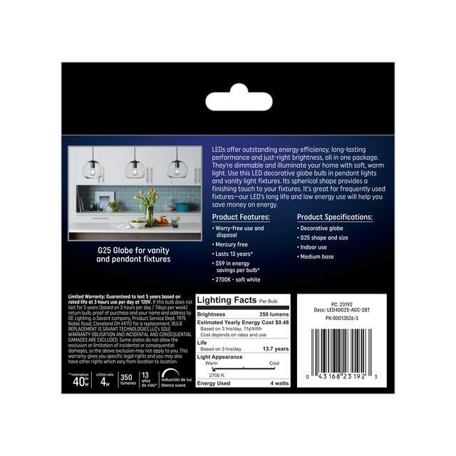 GE Classic LED 40 Watt Replacement, Soft White, G25 Vanity - Globe Bulbs (2 Pack)