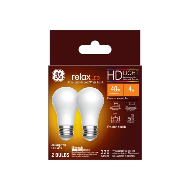 GE Relax HD LED 40 Watt Replacement, Soft White, A15 Ceiling Fan Bulbs (2 Pack)