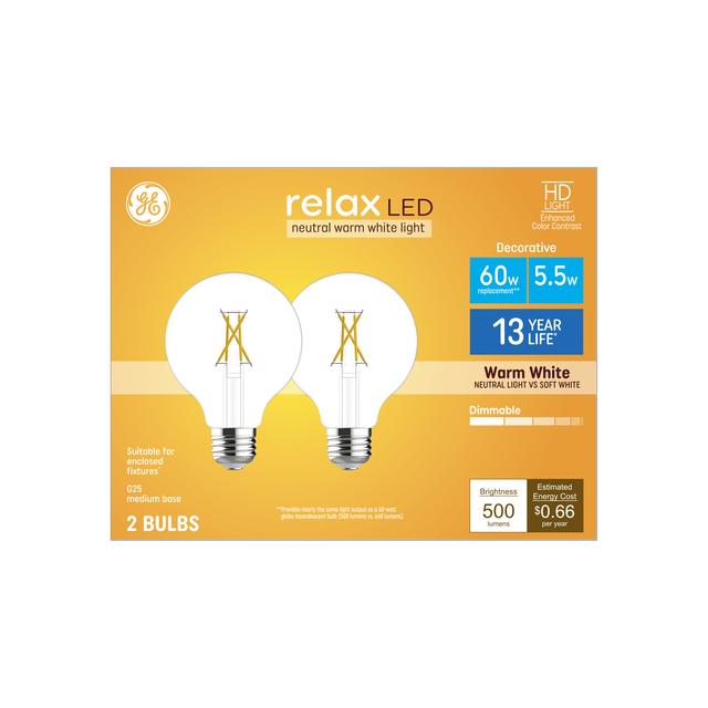 GE Relax HD LED 60 Watt Replacement, Warm White, G25 Vanity - Globe Bulbs (2 Pack)
